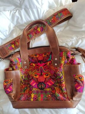 Boho Embroidered Multicolor & Brown Leather Shoulder Bag